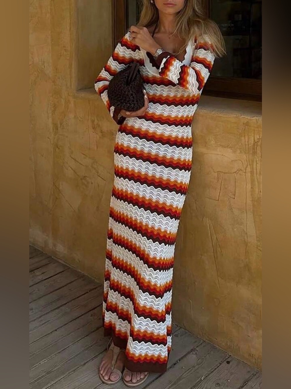 Sunfere Open Back Crochet Maxi Dress Size Small Multi Stripe